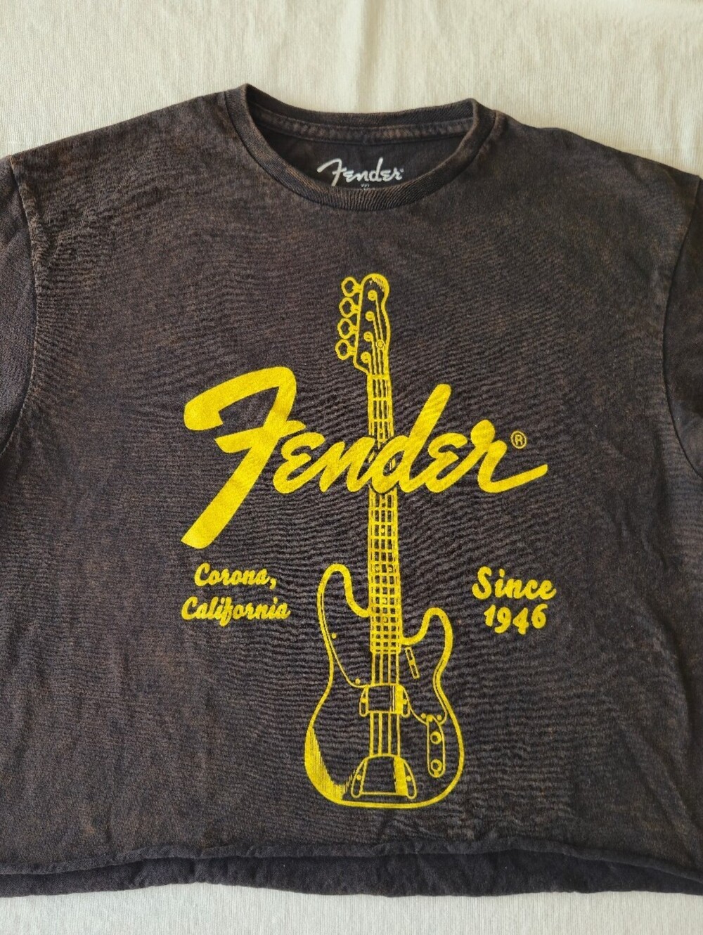 Fender Black Graphic T-Shirt with Yellow Guitar Print, Size Medium